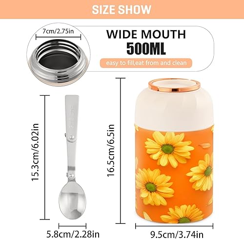 Miniatura 3 de MCHIVER Yellow Flower Food Jar with Spoon Stainless Steel Vacuum Insulated Food Container 17 oz Thermos for Lunch