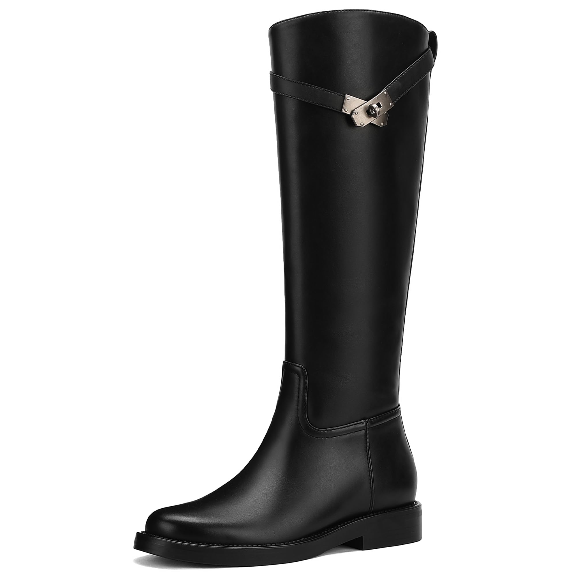 Knee High Boots Women Tall Riding Faux Leather Low Heel Boots Round Toe Pull On Wide Calf with