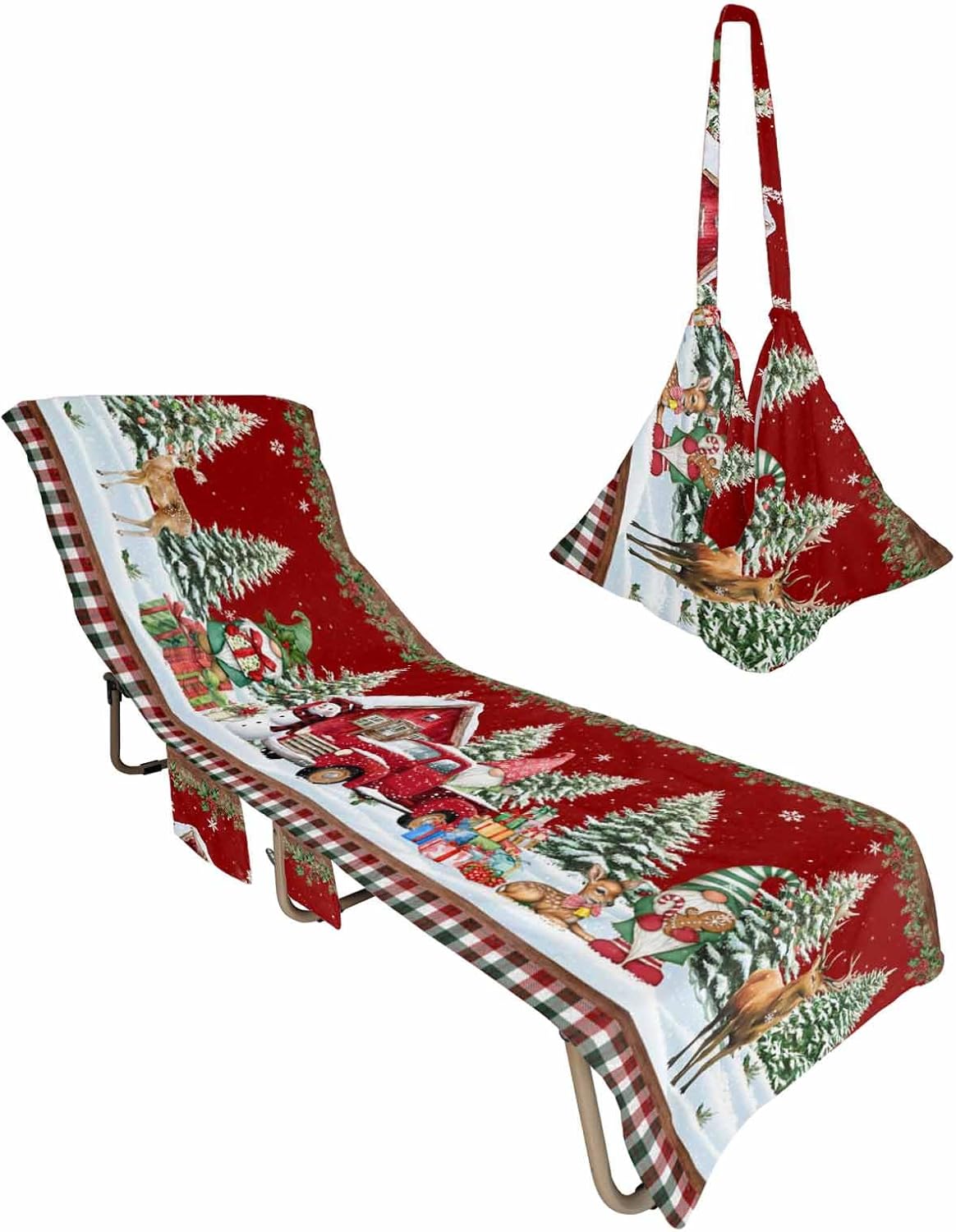 Christmas Gnomes Beach Pool Patio Lounge Chaise Chair Cover Towel Pockets,Absorbent & Quick Dry Microfiber Towel Cover Bag Summer Travel Accessories for Sunbathing Red Snowman Red Truck Snowy Tree