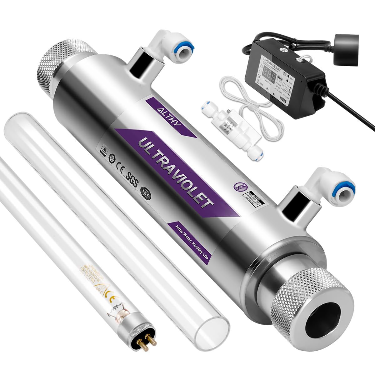 ALTHY - Filtro de agua ultraviolet, UV agua Esterilizador para purificador de agua debajo del fregadero o sistema de ósmosis inversa, con interruptor sensor flujo inteligente, 1GPM, 110-240V, 11W