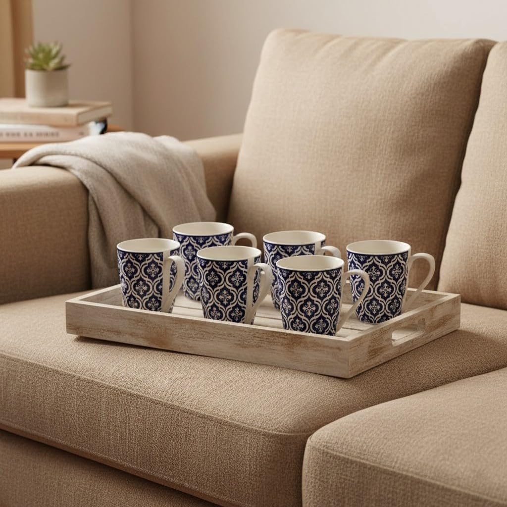 Femora Block Print Blue Coffee & Tea Cup Set of 6, 160 Ml, Microwave Safe, ceramic