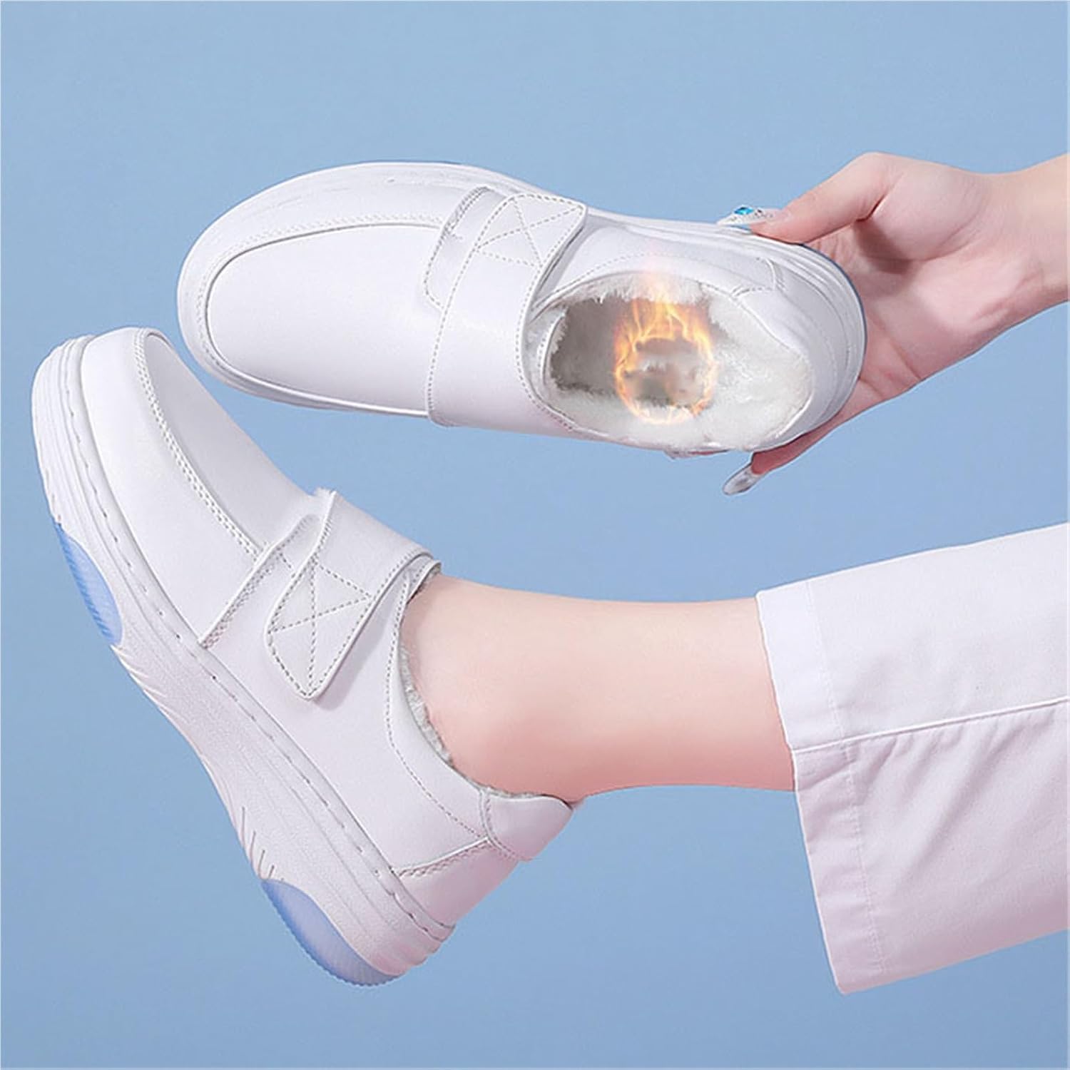 Orthopedic Adjustable Sandals Warm White Plush Walking Nursing Shoes for Women, Non Tiring Feet Buffer Wipeable Nonslip Hospital Flat Shoes, Ideal for Nurse Healthcare Crews