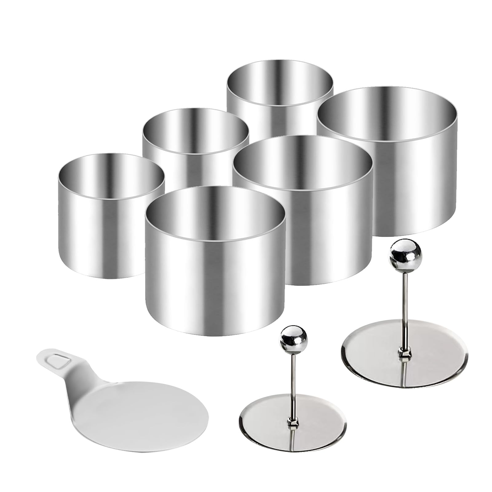 6 Stück Dessertringe und Speiseringe Set，dessertringe 8cm und 6cm，servierringe Edelstahl Set，Stampfer und Mousse Schablonen für Kochen Backen Mousse