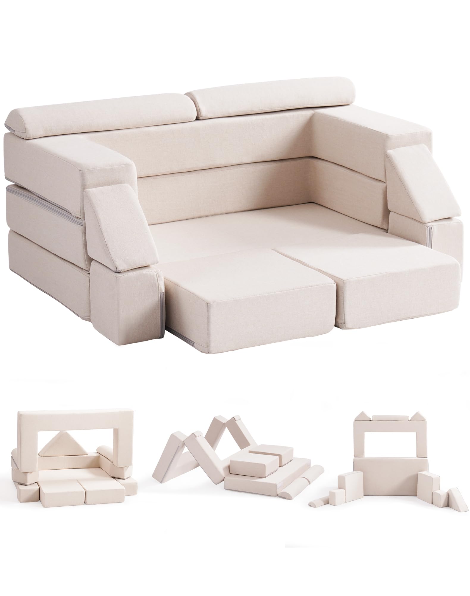 ROBUD Kids Couch, Beige Modular Kids Play Couch, DIY-Style & Washable Toddler Sofa for Playroom, Bedroom, Nursery, WG411