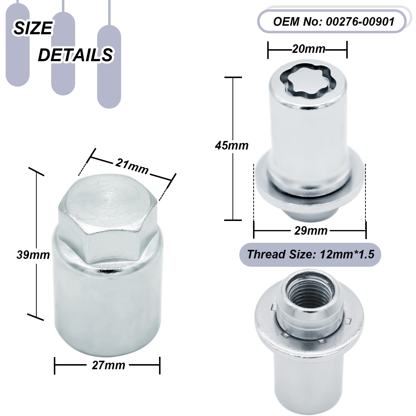 0027600901, Wheel Lock Lug Nuts Set M12 x 1.5, Compatible with 2000