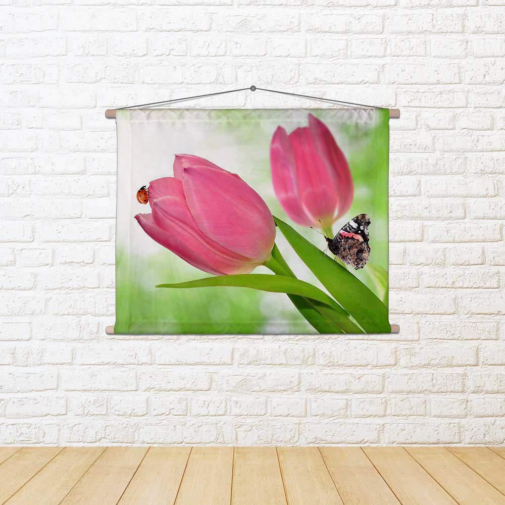 ArtzFolio Tulip With Butterfly & Ladybug Satin Fabric Painting Tapestry | Wall Art Hanging 30 x 22.8 inch (76 x 58 cms)
