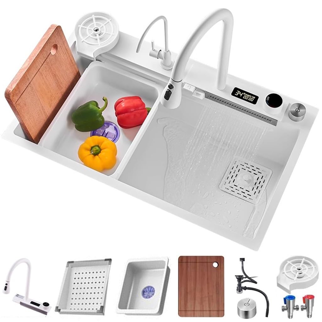 ZQFHSX Stainless Steel Waterfall Sink With 3-in-1 Digital Display Faucet Single Bowl Bar Nano Kitchen Drain Basket Basin Cutting Board Cup Washer Drainage Component (Color : White, Siz