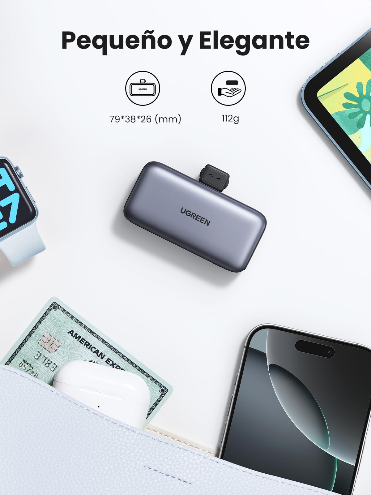 UGREEN Power Bank - Batería externa de 5000 mAh - Connettore USB-C - Con supporto - Nero