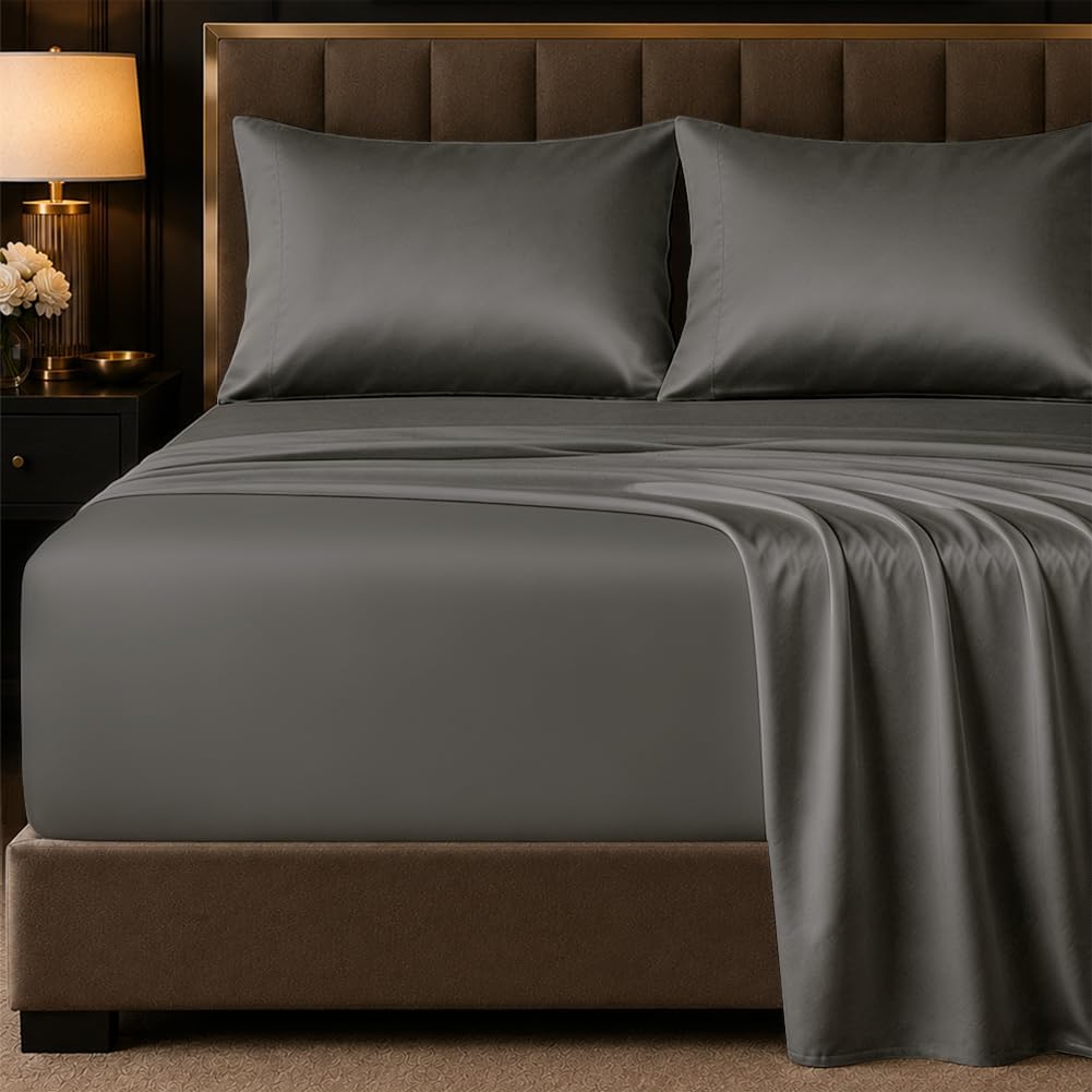 HYPREST Egyptian Cotton Sheets Queen Size 18 Inch Deep Pocket Soft Percale | Sheets Queen Size Bed Set Extra Deep Pocket,High Thread Count,Grey Crisp Breathable Cooling Durable Luxury Hotel Sheet Set