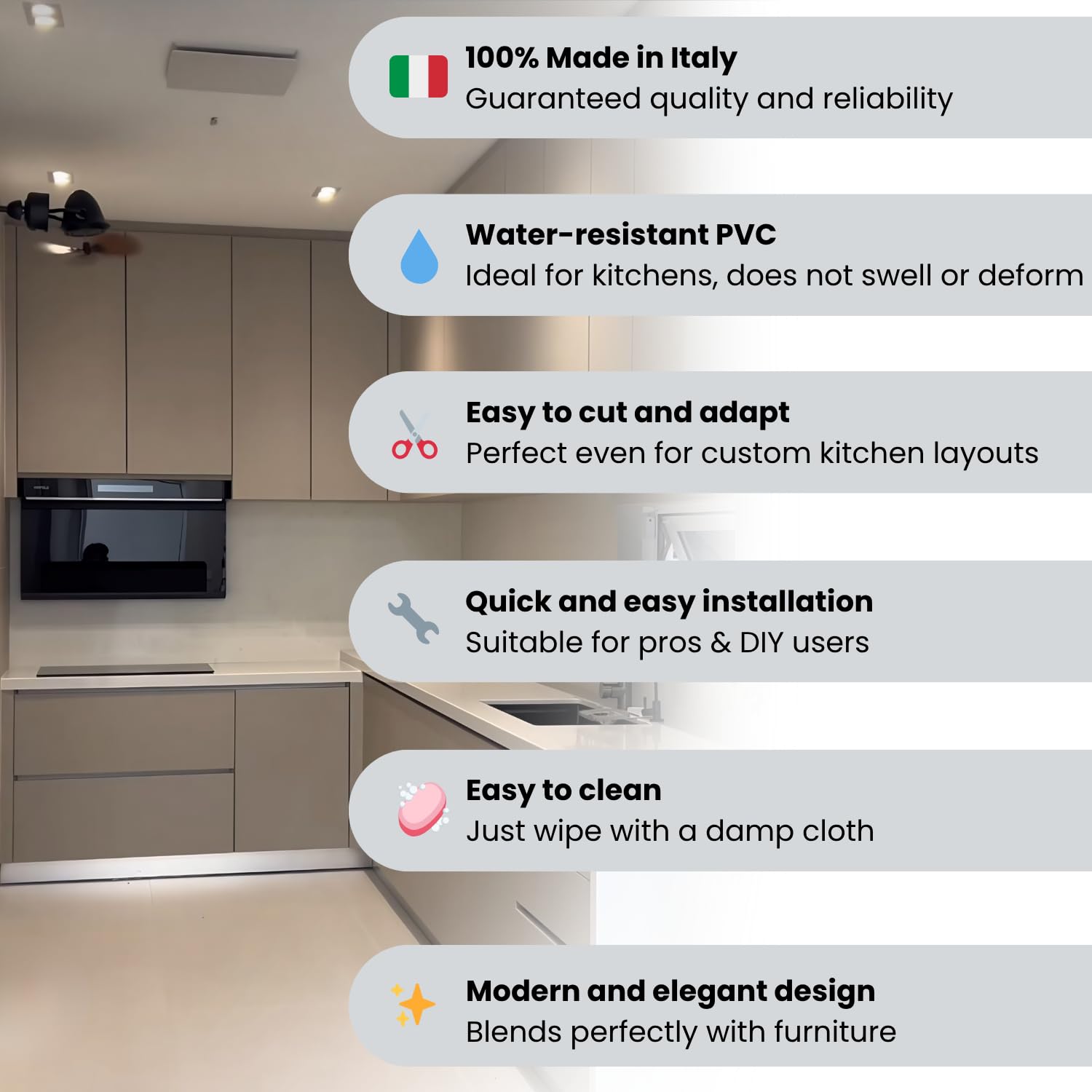 Evotrade Zócalo de cocina – Perfil rodapié L 2,5 m de PVC | Altura y colores a elegir + accesorios (2 tapones de ángulo de 90° + 1 junta) Made in Italy