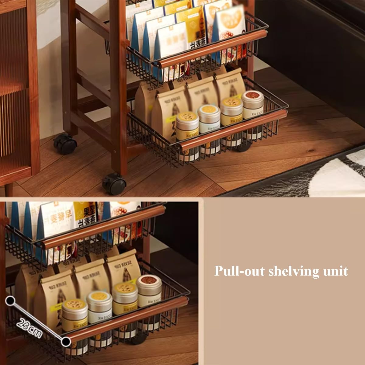 Carrello Portaoggetti Con Ruedas Compacto Con Cestas Extraíbles Y Superficie De Madera Organizador Móvil De Almacenamiento Para Cocina Con Asa Para Espacios Reducidos(4-Tier)