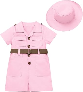 ODASDO Jungle Safari Outfit For Kids Baby Girls Boys, Toddlers Zoo Keeper Suit, Short Sleeve Jumpsuit with Hat Set 0-5 Years