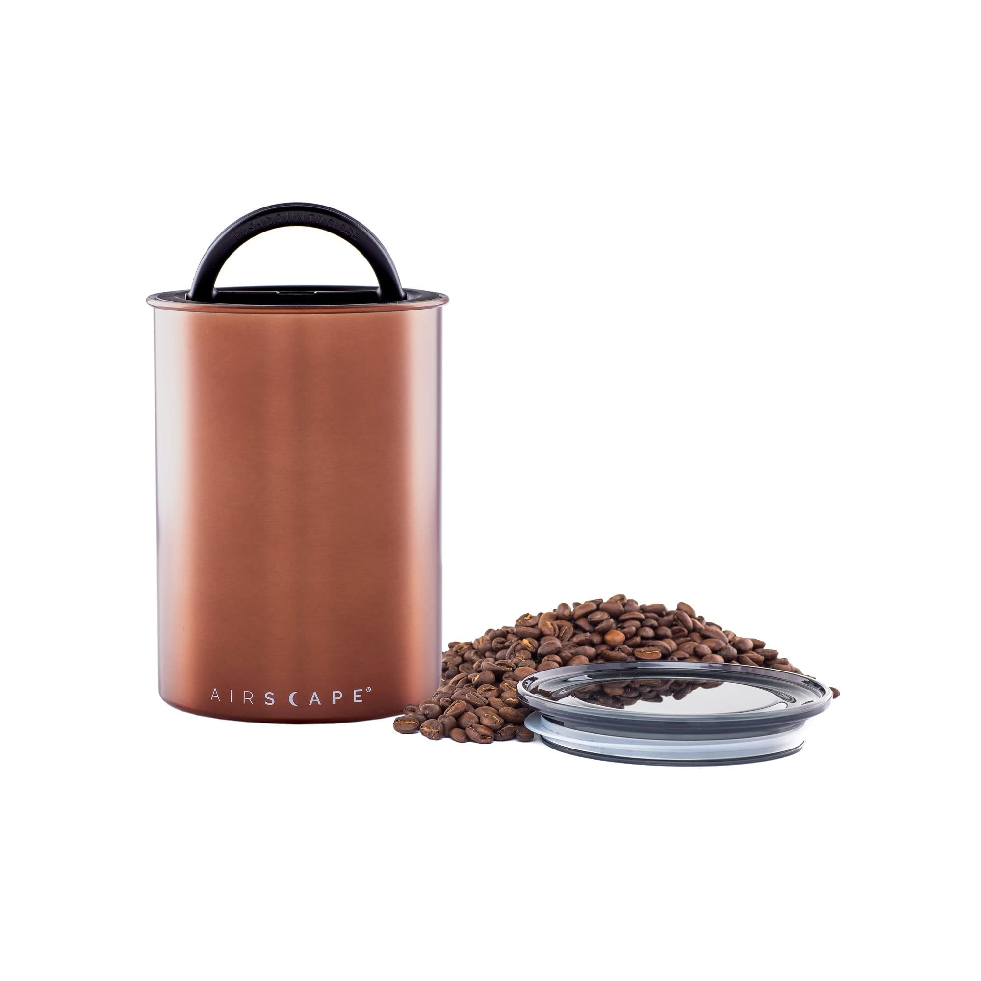 Planetary Design Airscape Stainless Steel Coffee Canister | Food Storage Container | US patented Airtight Lid | Push Out Excess Air and Preserve Freshness (Medium, Brushed Copper)