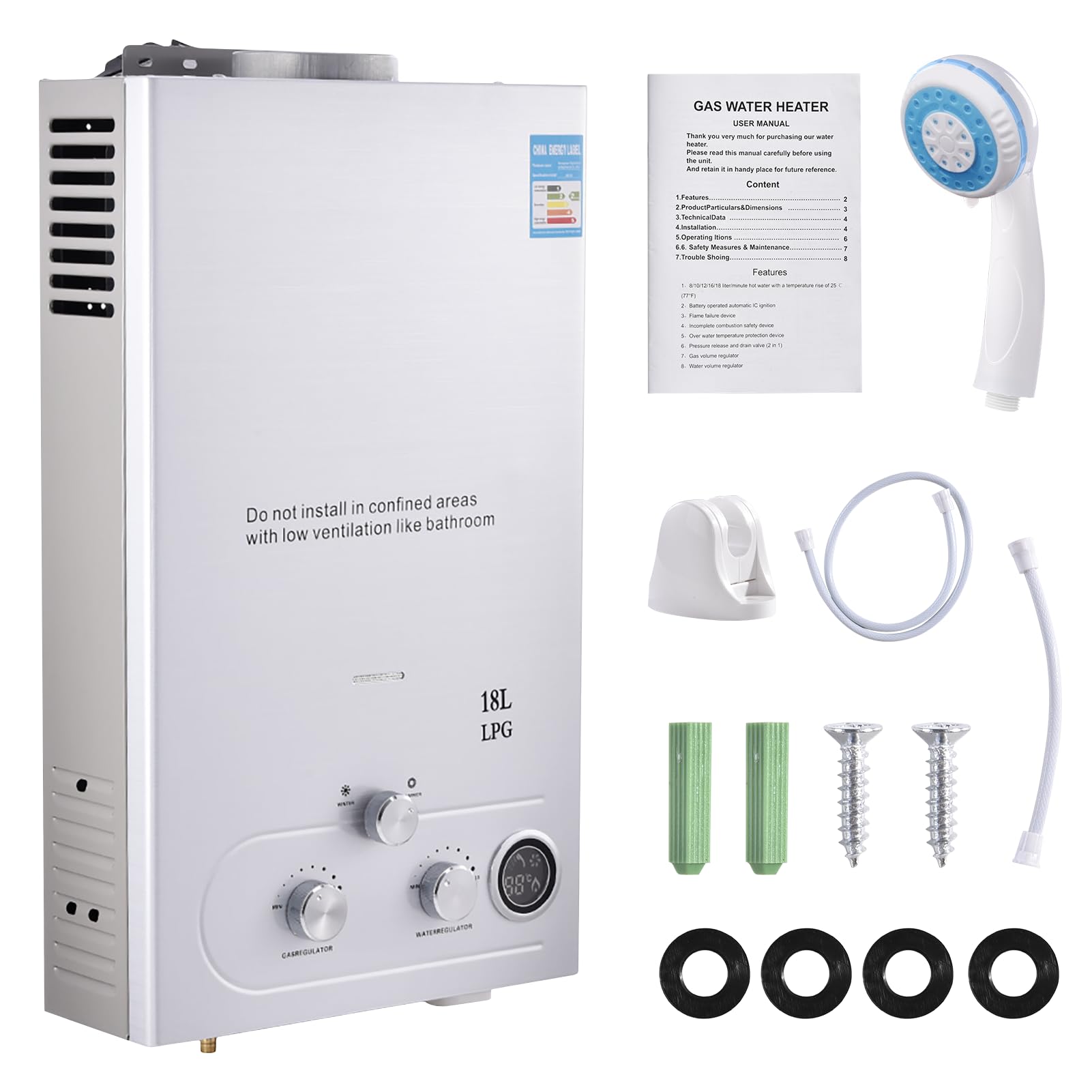 18L Gas Durchlauferhitzer,32KW LPG Propan Warmwasserbereiter Durchlauferhitzer Super Niedrigem 0,5bar Startwasserdruck, für Dusche & Täglichen Gebrauch Campingausflüge Silber