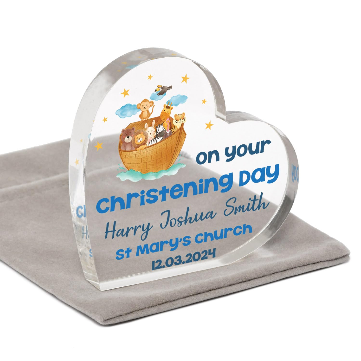 Personalised Boys Christening Gift, Noah's Ark Christening Keepsake, Christening Gifts For Boy Godson Grandson Nephew, Acrylic Clear Block With Grey Bag