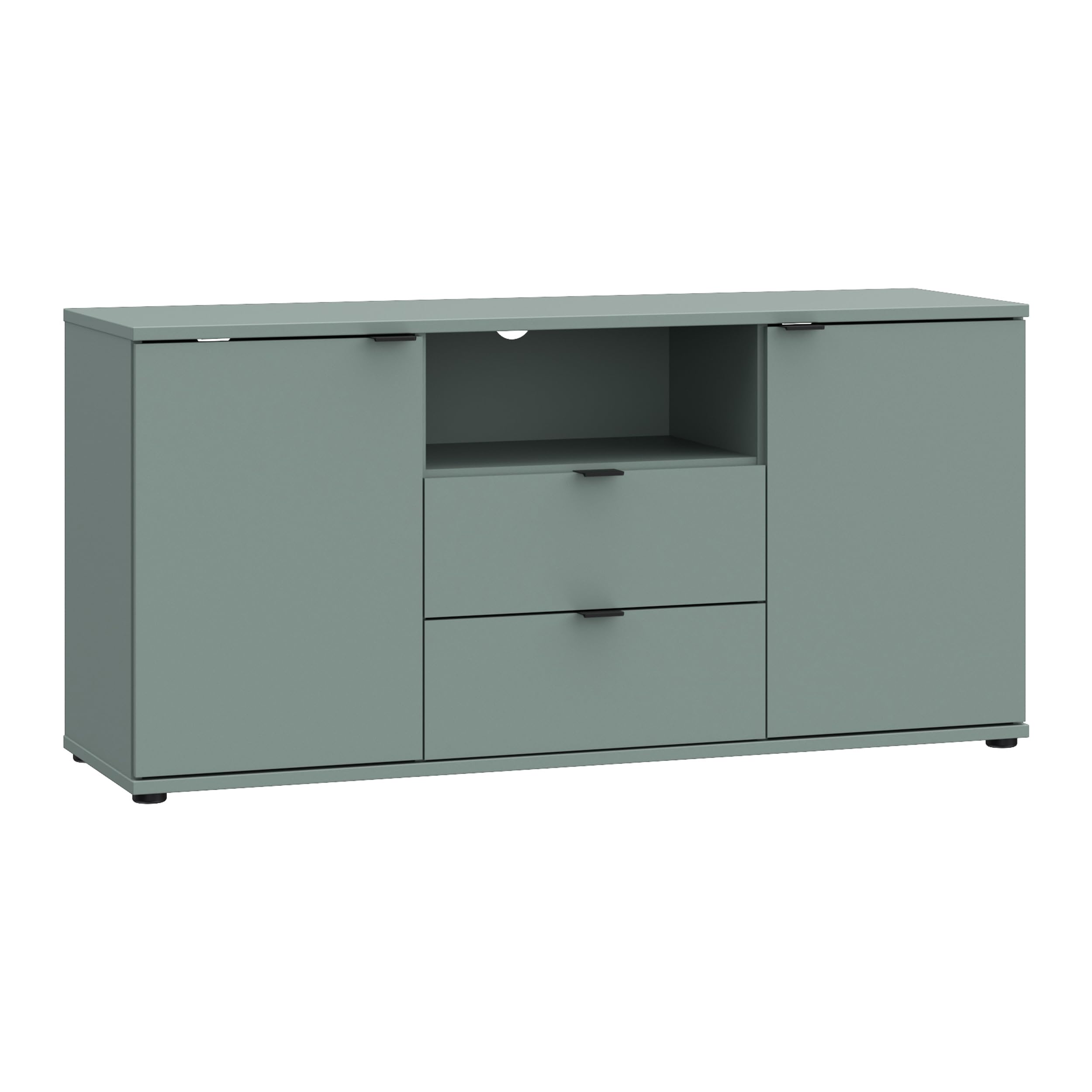 Forte Ganymede TV-Schrank 130, minimalistisches Lowboard, 2-türig, 2 Schubladen, offenes Fach, Holzwerkstoff, Wohnzimmer, Salbei, 129,8 cm breit x 63,1 cm hoch x 41,3 cm tief