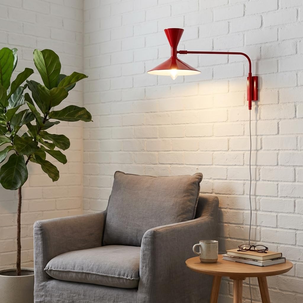 BARCELONA LED Lámpara de Pared Industrial Grande 40cm, Aplique de Pared con Brazo Articulado Retro y Moderno, Pantalla de Metal Rojo Interior Blanco para Restaurante, Escaleras y Dormitorio