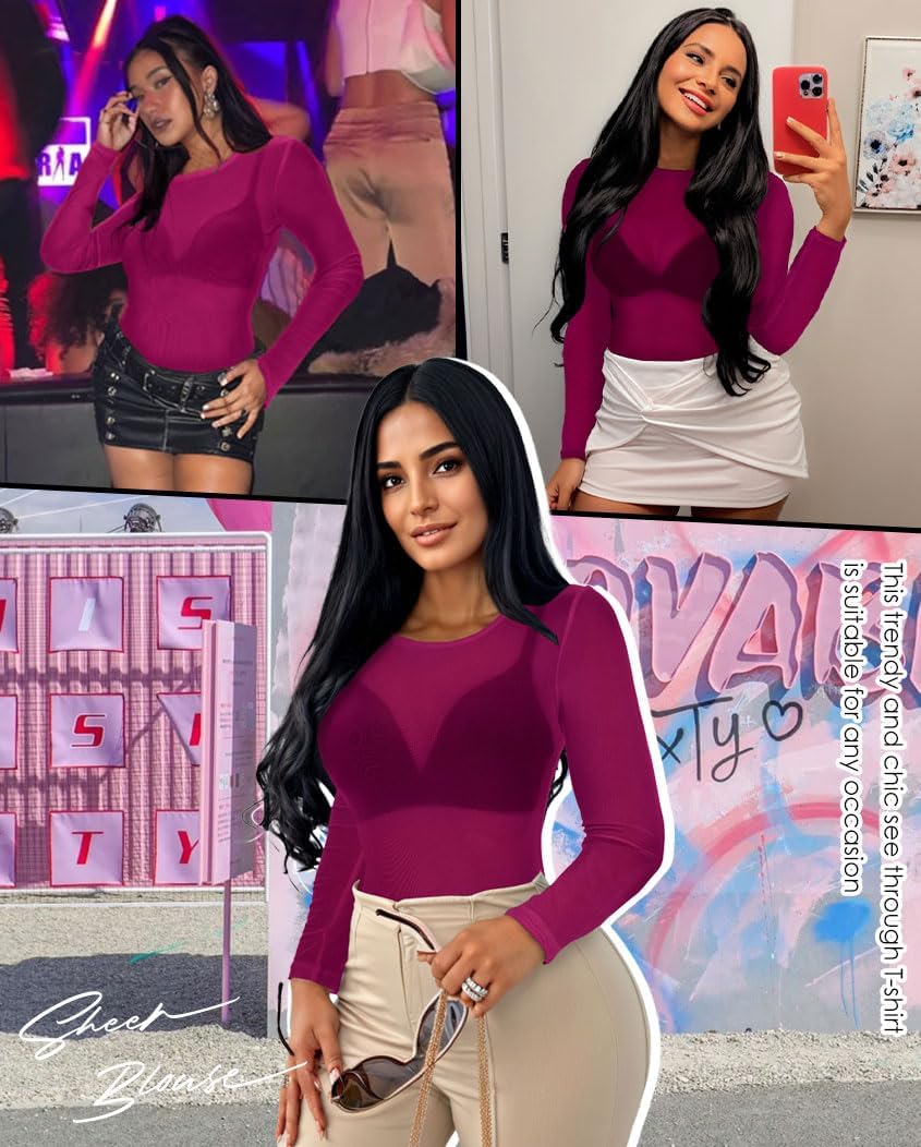 Women's Mesh Tops Sheer Long Sleeve Tee Shirts Bodycon See Through Blouse Clubwear - Image 6