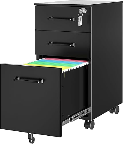 Vista 110 de Archivador móvil de 3 cajones con cerradura, gabinete de almacenamiento debajo del escritorio para oficina en casa, archivador vertical