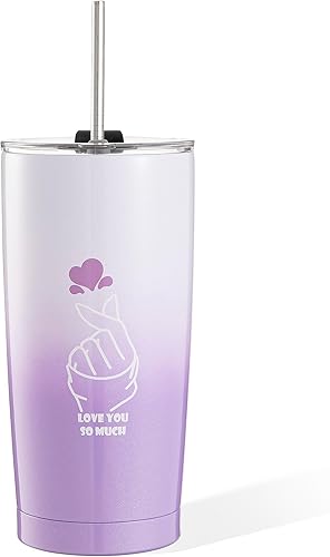 Vaso de acero inoxidable de calidad de 20 onzas para K pop, fanáticos del K-drama, color morado degradado K Heart Love You So Much