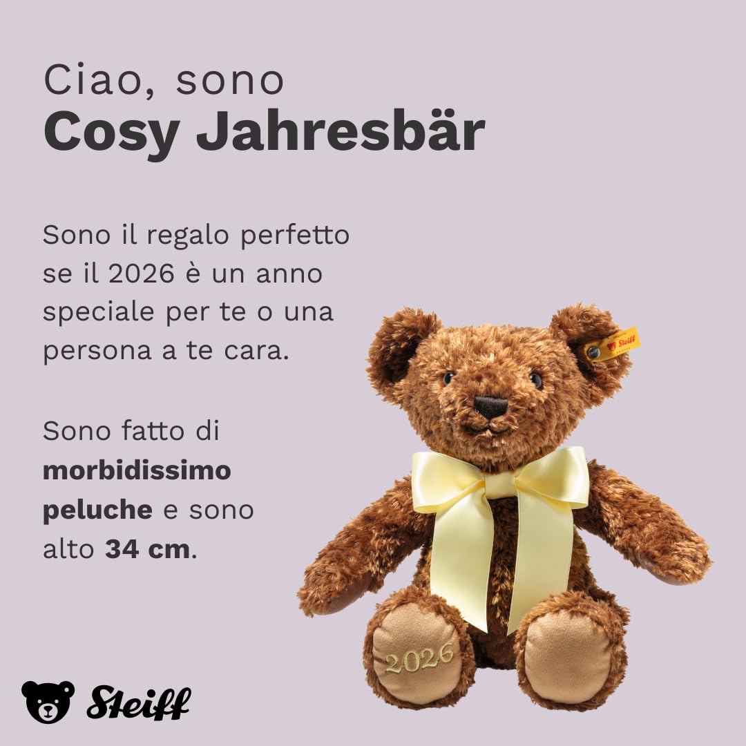 Steiff Peluche Orso dell’Anno Cosy 2026, dolce animale di stoffa per bambini, ragazzi e ragazze, Friends, pupazzo di 34 cm, marrone, 114175