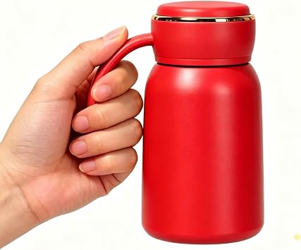 Insulated Water Bottle, Small Stainless Steel, 10 oz, Metal Water bottle, Leakproof Travel Mug with Handle, Mini Flask for Coffee and Tea, BPA-Free Red