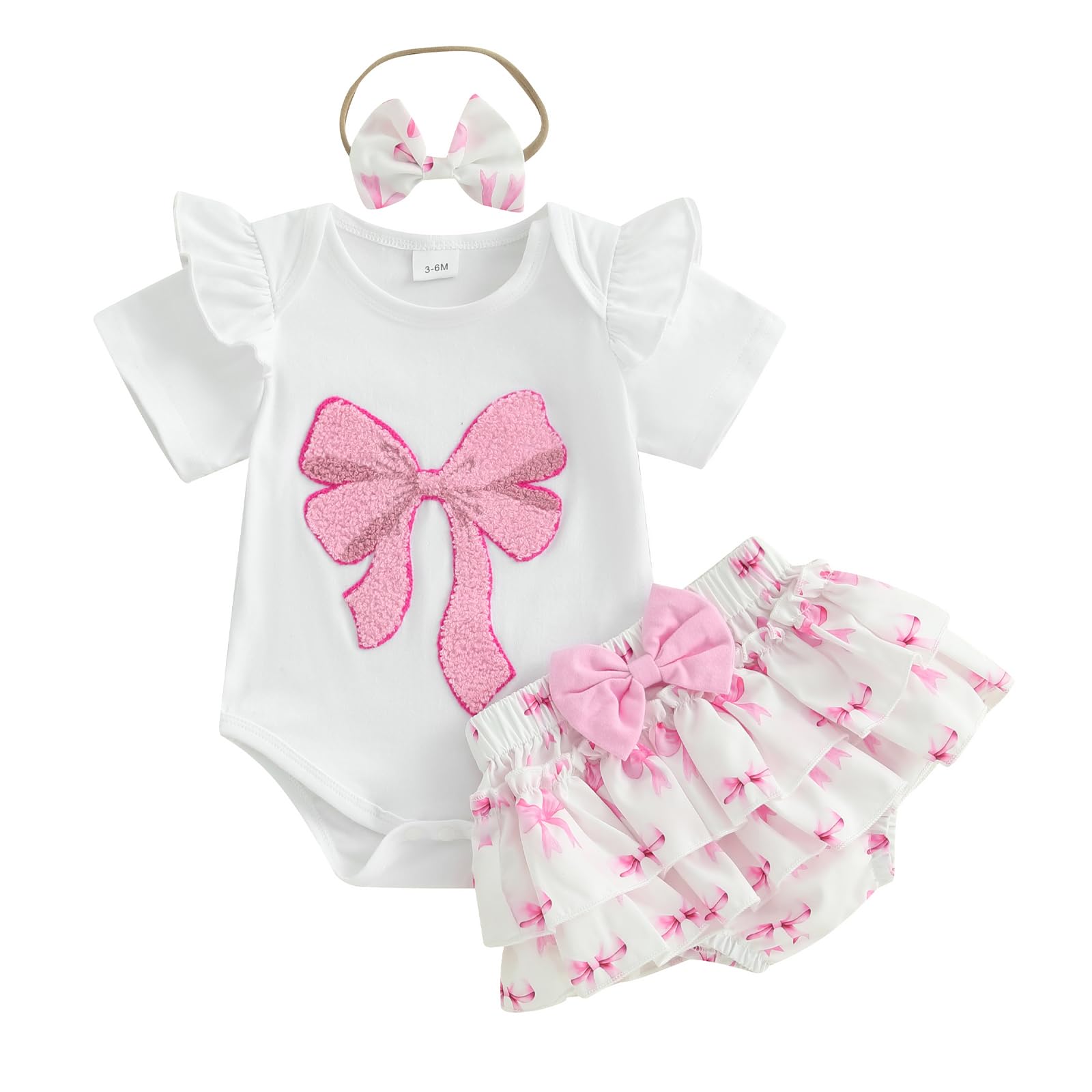 Baby Girl Summer Clothes Bow Embroidery Short Sleeve Romper Bodysuit Ruffle Shorts Set Cute Newborn Baby Girl Clothes(A-Pink Bow,0-3 Months)