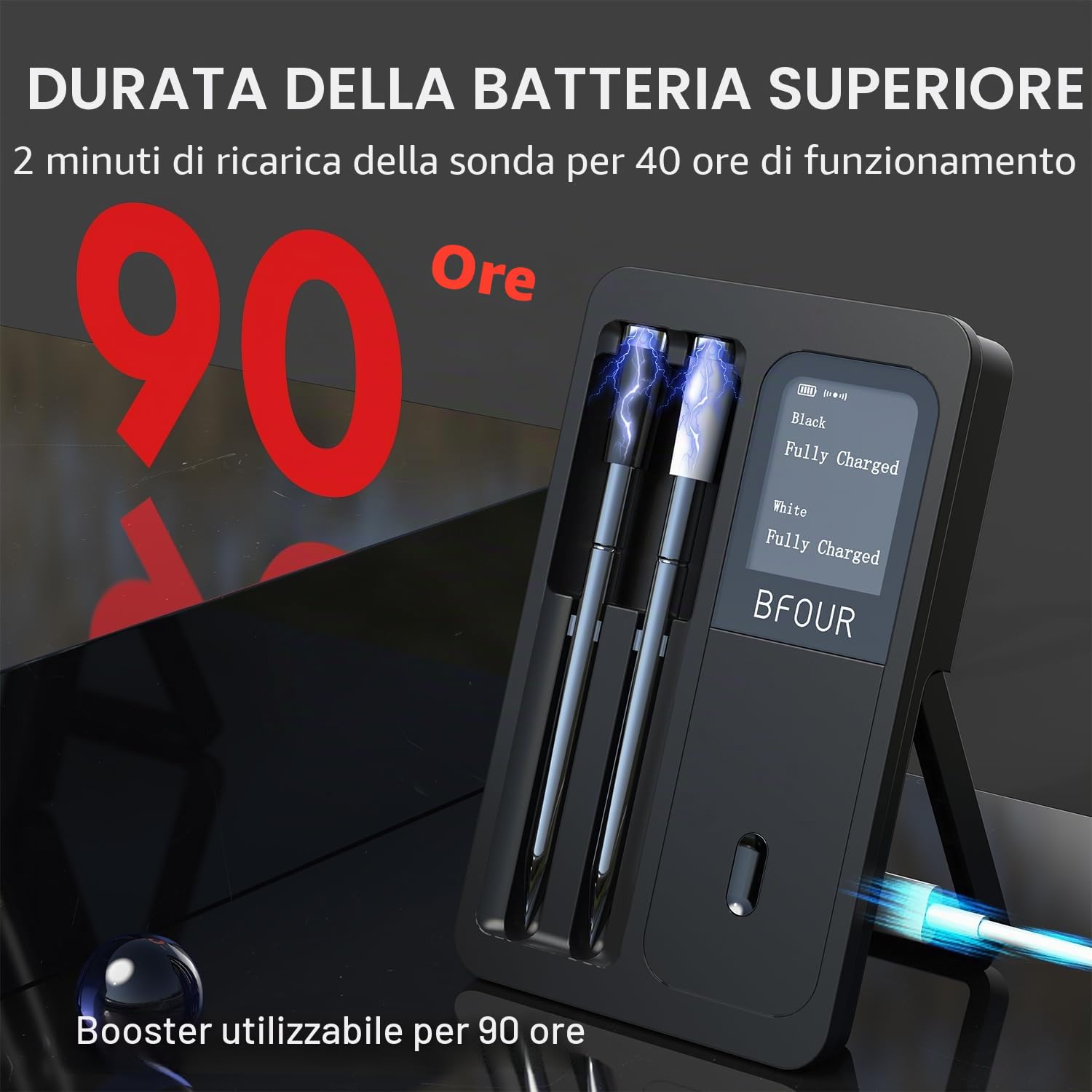 BFOUR Termometro per carne senza fili con 2 sonde, termometro Bluetooth con Smart Base, display LCD, controllo APP, termometro digitale per forno, barbecue, affumicatore, aggiornamento Ver.