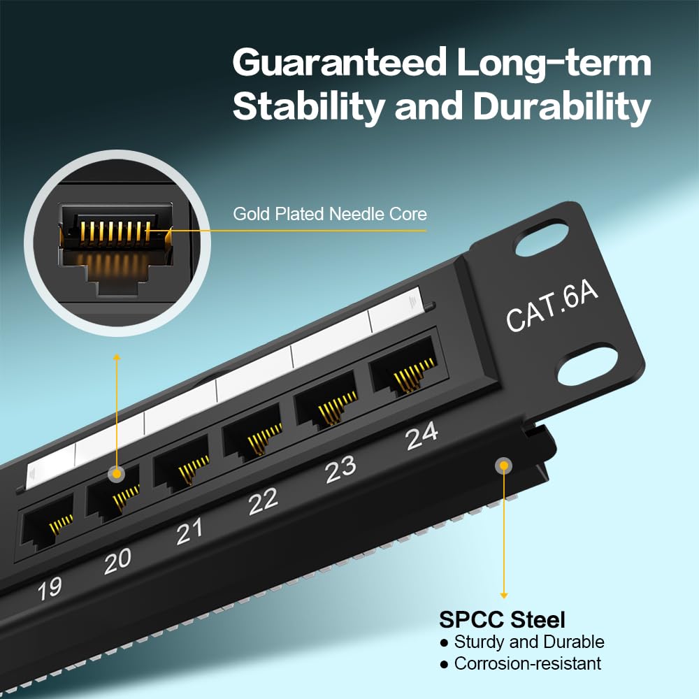 Pannello patch a 24 porte CAT6A Patch Panel Montaggio su rack 19" Ethernet Patch Panel Punch Down per Cat6A, Cat6, Cat5e, Cat5 Cablaggio