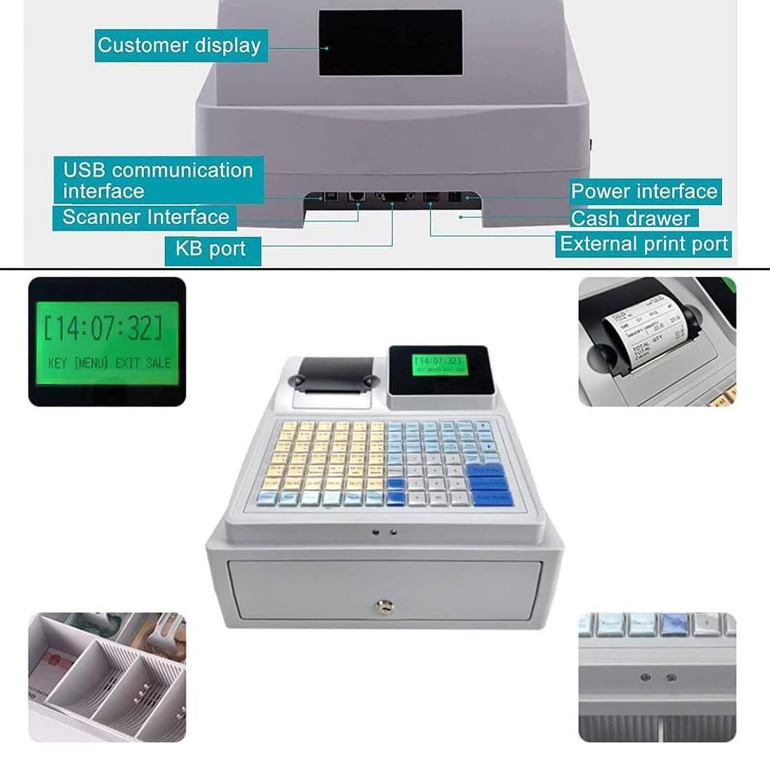 Caja Registradora Electrónica, Cajas Inteligentes Comerciales, con Impresora Térmica Y Cajón De Efectivo De Gran Capacidad, Pantalla Doble, Teclado Impermeable De 81 Teclas