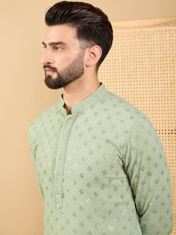 Image of Men's Solid Embroidered Long Straight Kurta | Men's Kurta | Embroidered Chikankari Kurta for Men | Straight Fit Kurta for Men