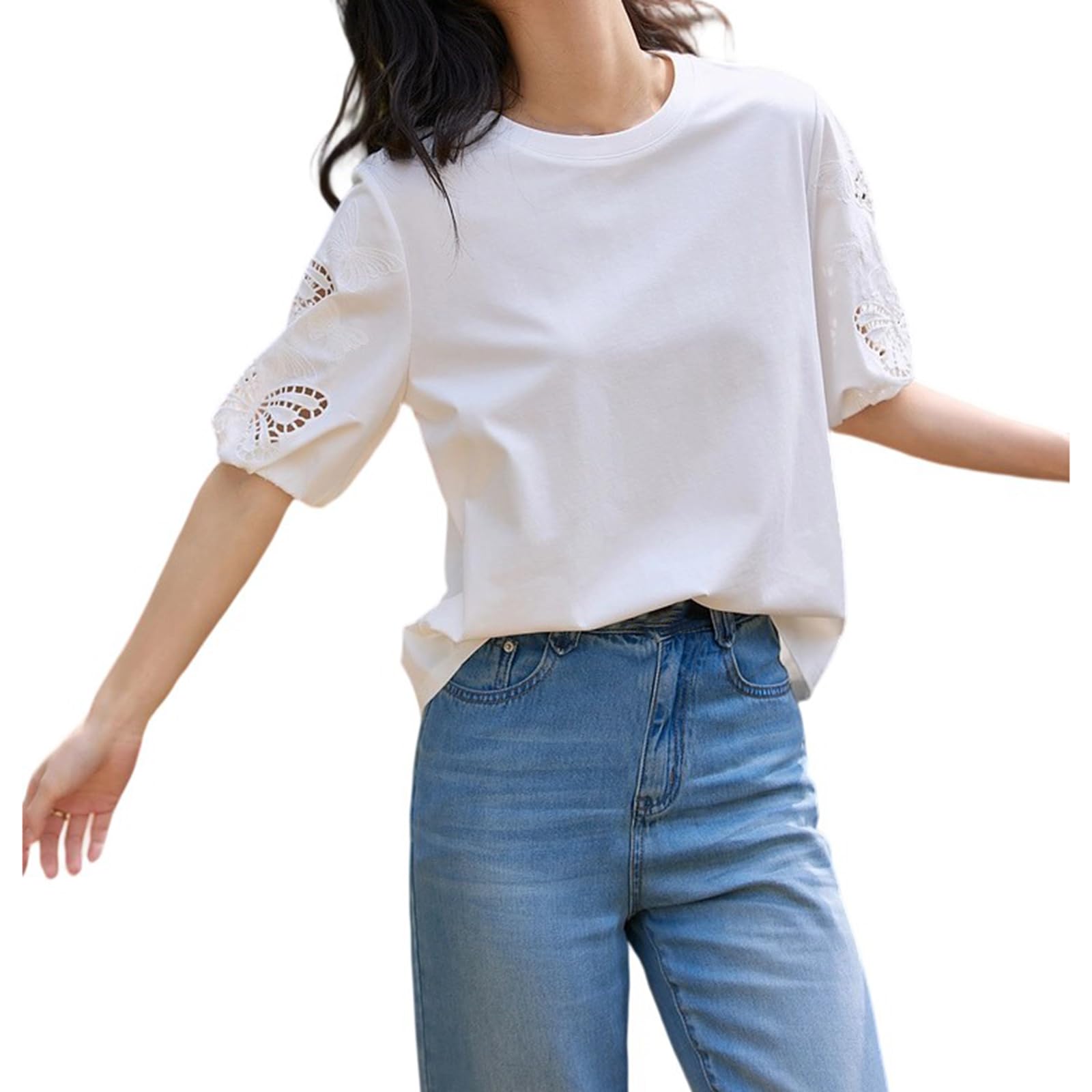 Camicia da donna ricamata a maniche corte con scollo rotondo T-shirt estiva Hollow Top Casual Moda Elegante Top