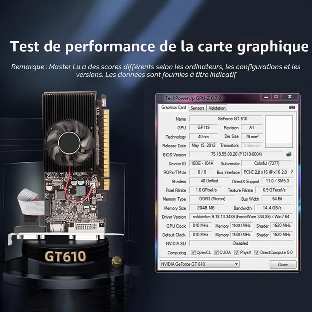 Carte Graphique GT610 PCI-E 16X Compatible +VGA+DVI Faible Bruit pour PC de Bureau