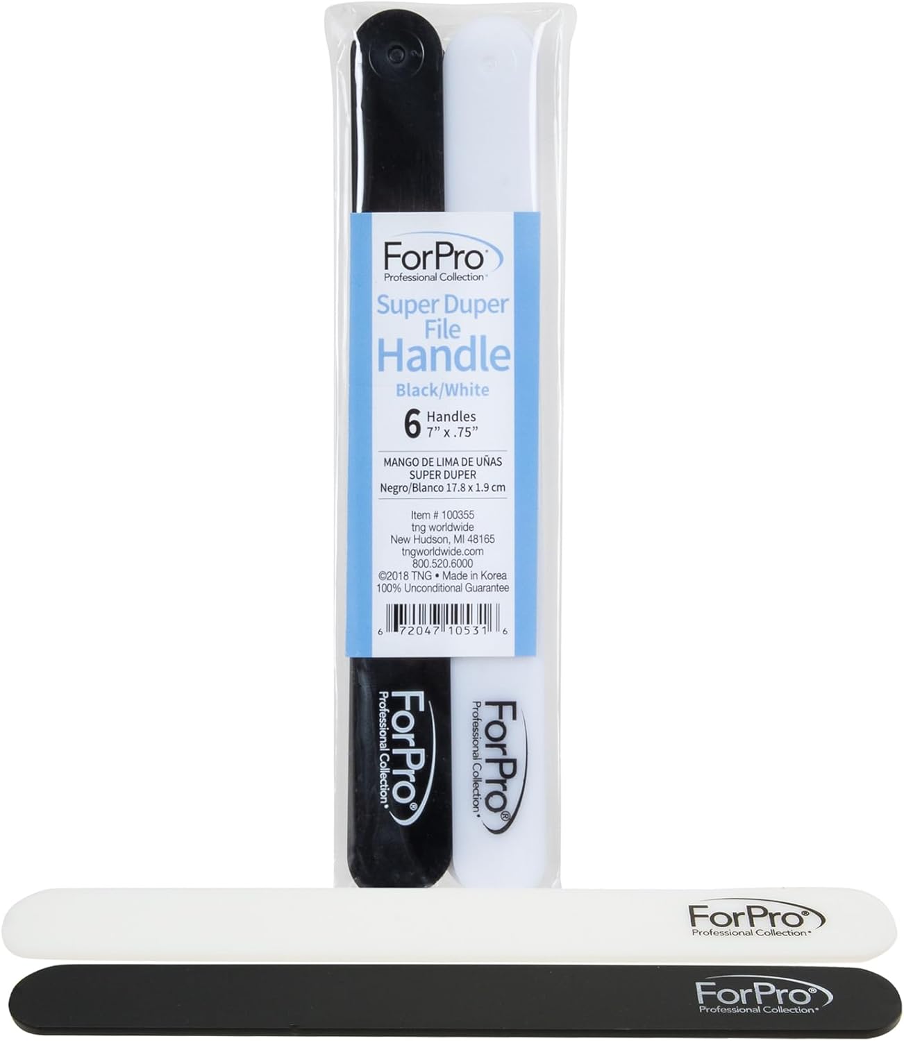 ForPro Professional Collection Super Duper Replaceable File System, 3 Black and 3 White, Double-Sided Manicure Nail File Handles, 7” L x .75” W, 6-Count