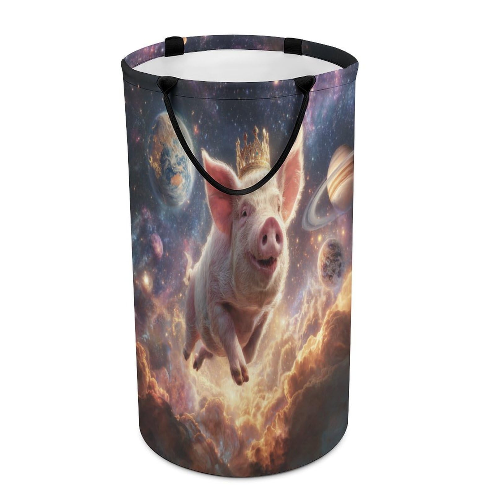 LUYYSKY Funny Classic Cute Pig Versatile Storage Laundry Basket, Modern Art Snowy Outer Space Galaxy Planets Animal Pig Large Capacity Bathroom Hamper With Handle