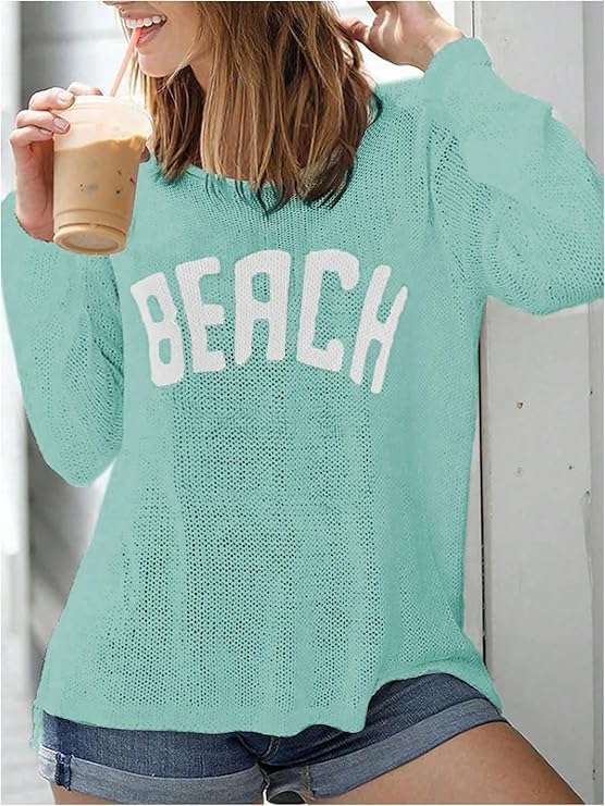 Women's Letter Print Beach Cover Up Long Sleeve Crew Neck Slit Hem Pullover Sweaters Crochet Loose Fit Tunic Tops3