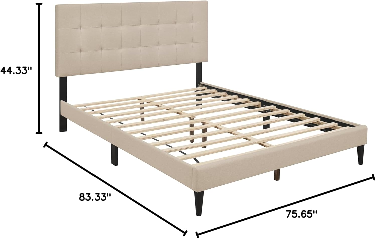 HOME DESIGN Evanston King Size Tufted Upholstered Platform Bed Frame, Linen Fabric, Rectangular Checkered Headboard, No Box Spring Needed, Beige