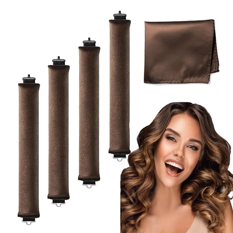 Lonimia Heatless Hair Curler for Medium Length Hair - 4pcs Overnight Curler for Big Wave Curls, Soft Velvet Thickened Elastic With Hook, Brown Scarf