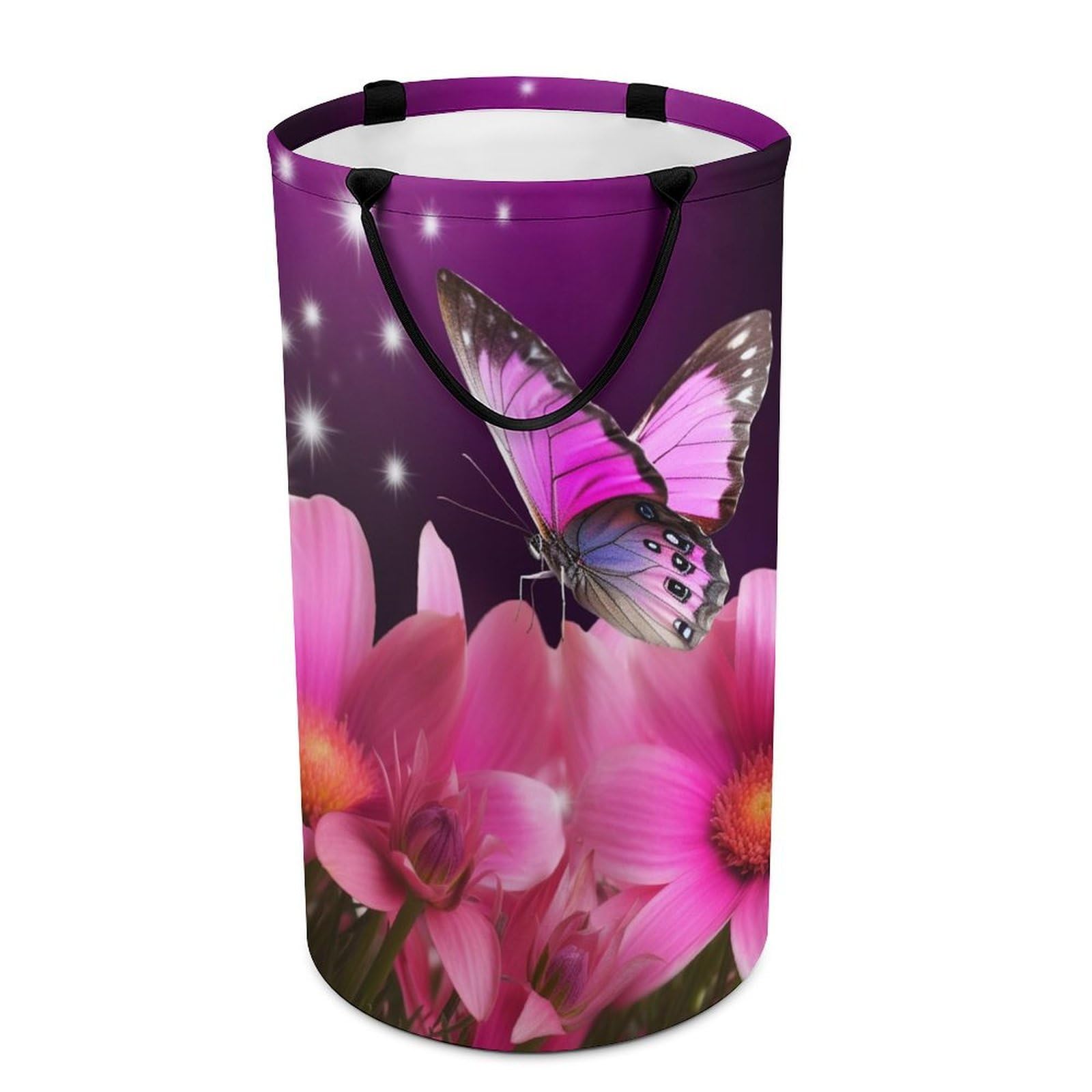 Flower And Butterfly Laundry Basket Freestanding Laundry Hamper with Handles Waterproof Dirty Clothes Hamper Collapsible Washing Bin Aesthetic Clothes Basket for Bathroom Bedroom Dorm
