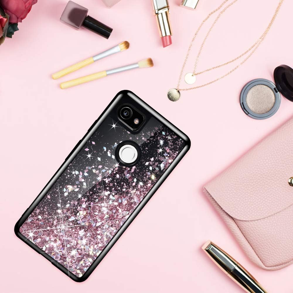 Caka Google Pixel 2 XL Case, Google Pixel 2 XL Glitter Case Starry Night Series Luxury Fashion Bling Flowing Liquid Floating Sparkle Girly Soft TPU Black Case for Google Pixel 2 XL (Rose Gold)
