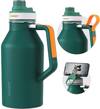 TOURIT 64oz Insulated Water Bottle Stainless Steel, Half Gallon Large Water Jug with 2-in-1 Handle, Double Wall Vacuum Metal Keep Cold & Hot, Wide Mouth Sport Water Flask For Gym, Travel, Green
