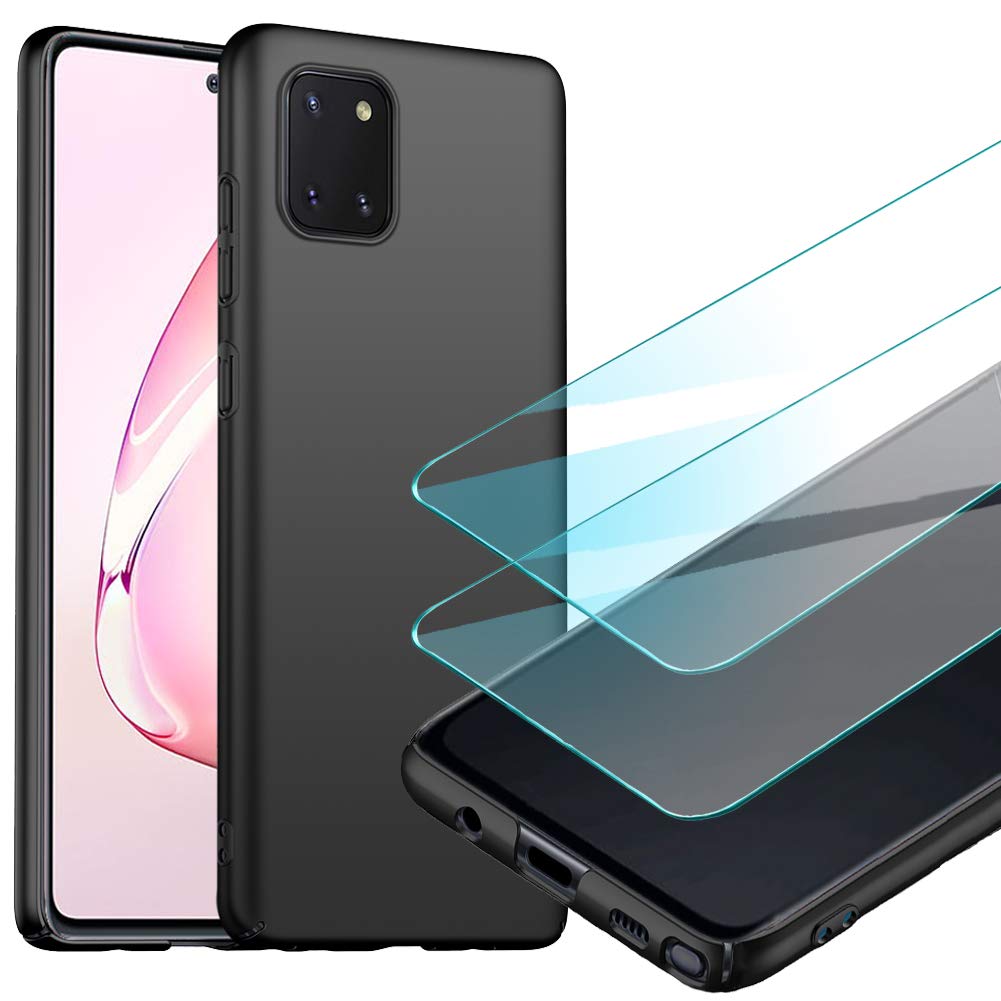 YIIWAY Samsung Galaxy Note 10 Lite Case + Tempered Glass Screen Protector, Black Ultra Slim Protective Case Hard Cover Shell for Samsung Galaxy Note 10 Lite YW41205