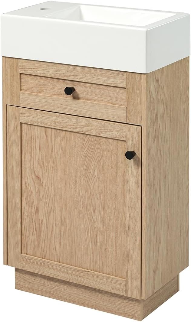 18.5" Rustic Bathroom Vanity - Reversible Resin Sink & Door, MDF Cabinet with Adjustable Shelf (Wood Grain)