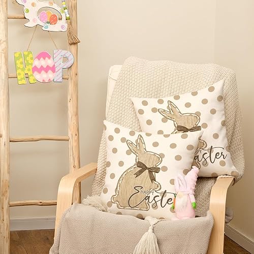 Miniatura 4 de AACORS Juego de 2 fundas de almohada de Pascua de 18 x 18 pulgadas, diseño de conejito de lunares con feliz Pascua, fundas de almohada de primavera