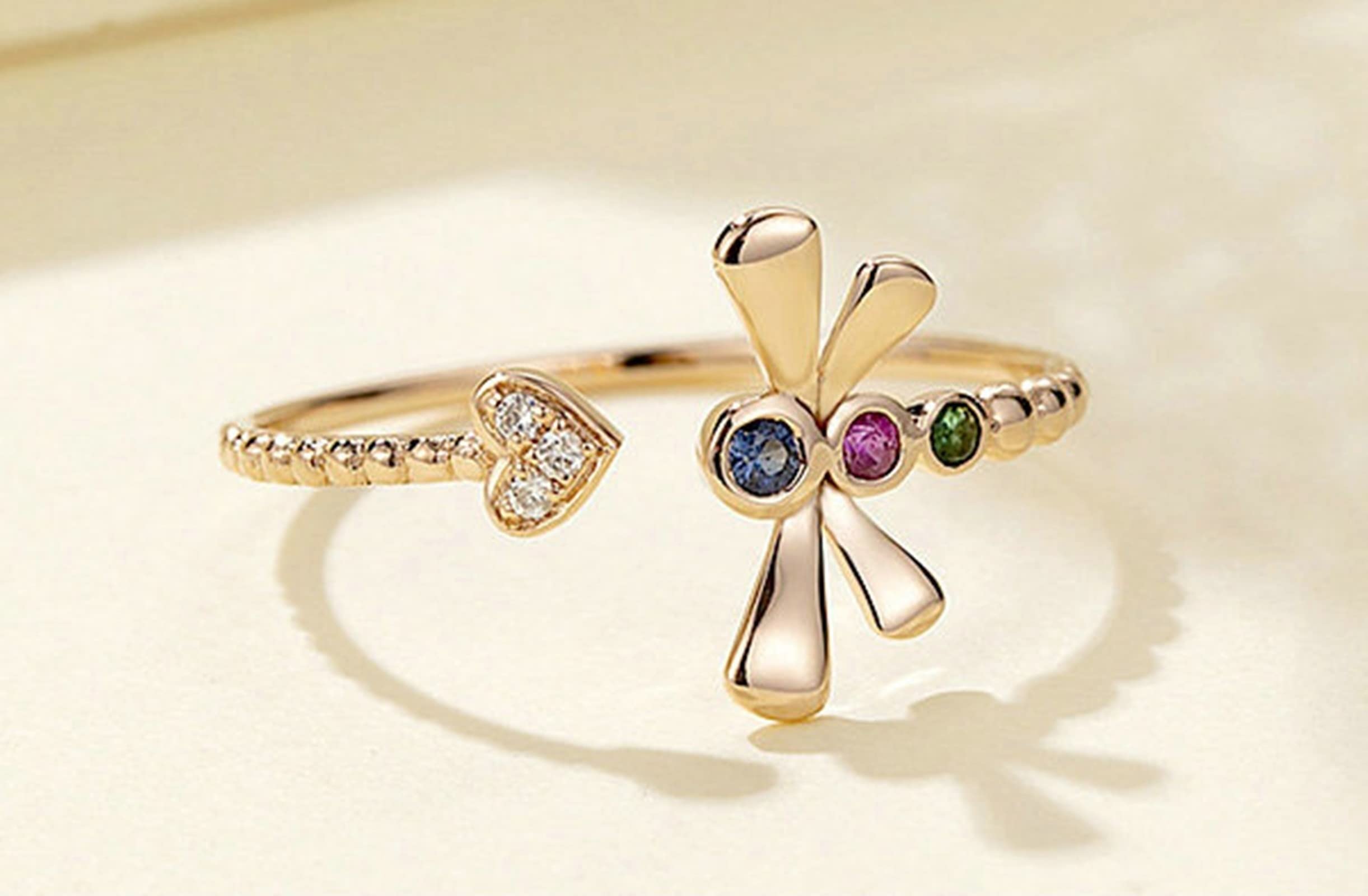 Anello Dorato Oro Rosa 18K, Libellula Del Cuore Anelli Donna Bianco Diamante Verde Rosa Blu Zaffiro Rubino Smeraldo 0.017ct Anello Fidanzamento
