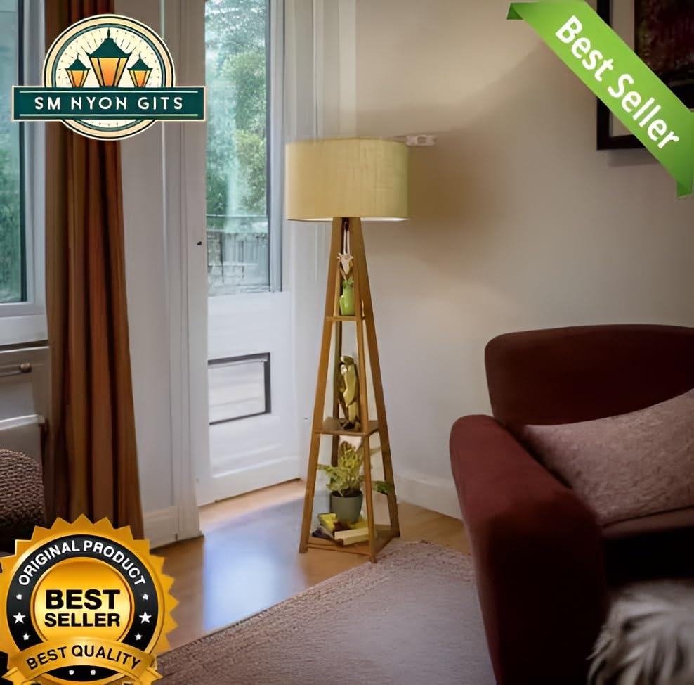 Modern Wooden Floor Lamp with Plant Stand | Tripod Design Decorative Standing Lamp for Living Room, Bedroom & Home Décor 3
