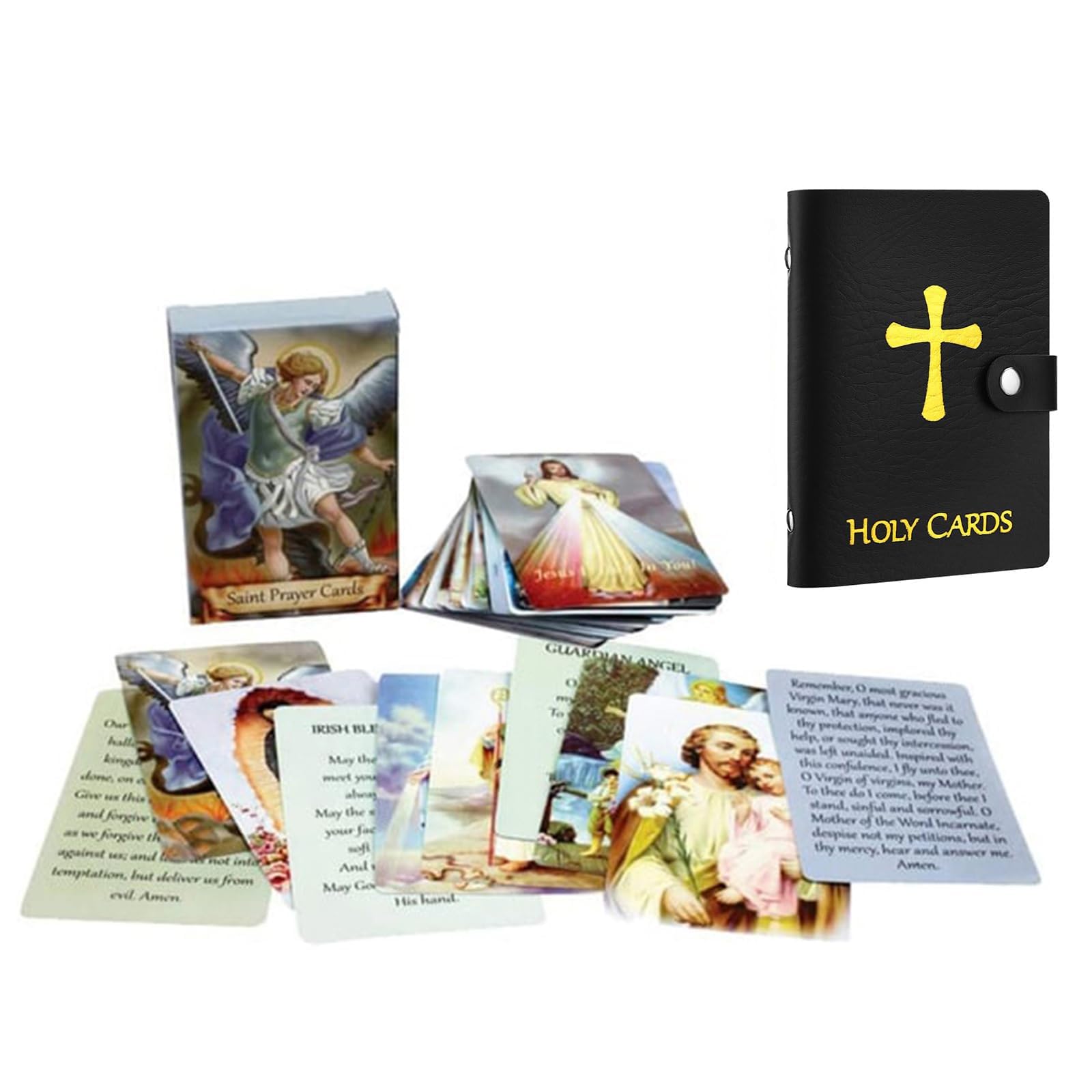 Black Holy Prayer Card Holder - 54 Holy Prayer Cards, Pu Leather Holy Cards Binder With Cross Embroidery, Catholic Christian Prayer Card Organizer, Portable Holy Cards Album For Devotional Cards (Black)