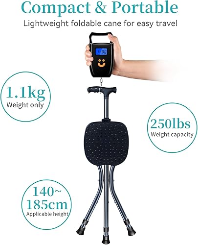 Miniatura 5 de ENLUNTRA Portable Foldable Cane seat, Height Adjustable Walking Cane with seat, Canes for Seniors with Magnetic Massage Handle and LED, Supports up