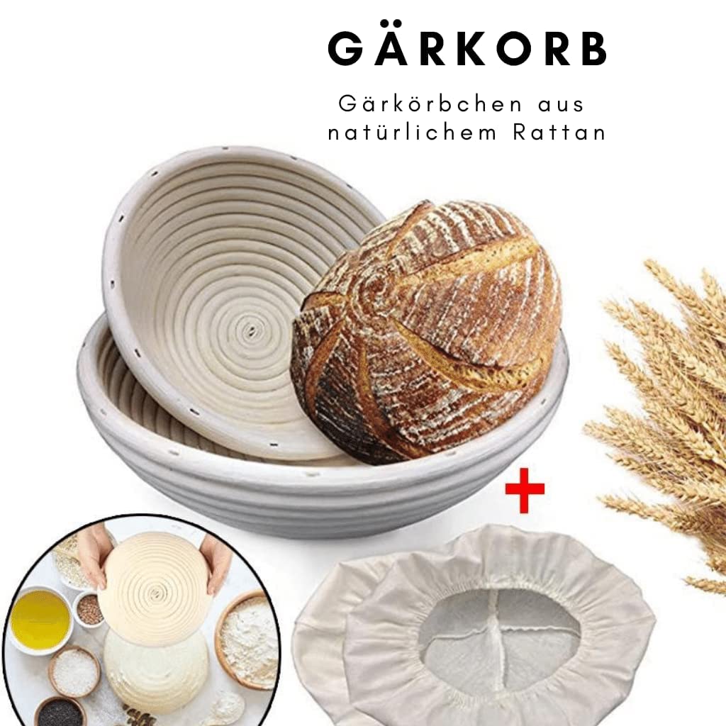 Set per la cottura del pane – pane croccante fai da te con cestino per lievitazione, carta per pasta, frusta per pasticceria, coltello da panetteria + ricetta e istruzioni per il pane a lievito (set