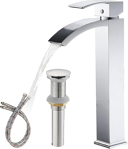 Greenspring Grifo de lavabo cromado para baño boquilla alta de un solo mango cascada de un solo agujero grifo de lavabo comercial de latón moderno